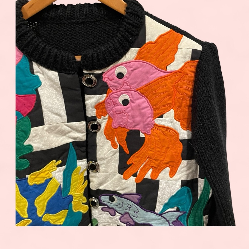 Fab fish quilted front sweater chunky button hand made oversized cardigan - Picture 3 of 12